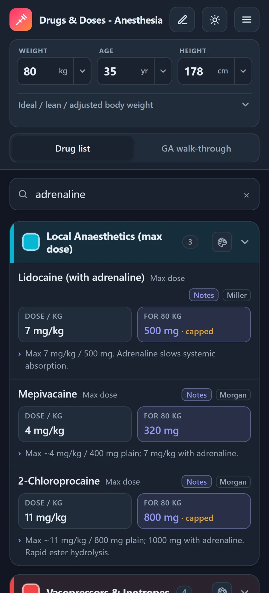 The app in dark mode